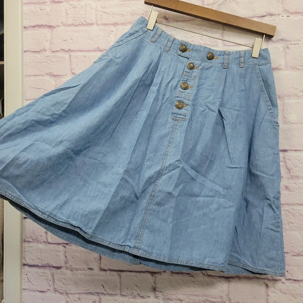 Mango Jeans Denim Pleated Button Midi Skirt 6 100% Cotton Pocket Y2K Indie Retro